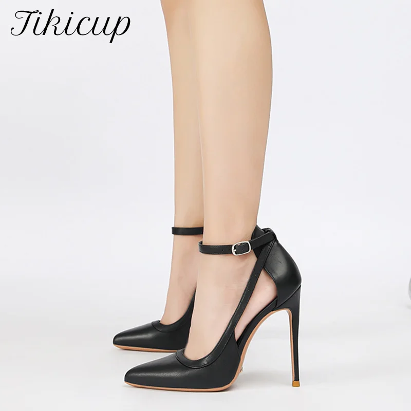 

Sexy Sheepskin Genuine Leather Matte Black White 12cm High Heels Women Pointed Toe Hollow-out Stiletto Pumps Dress Party Shoes