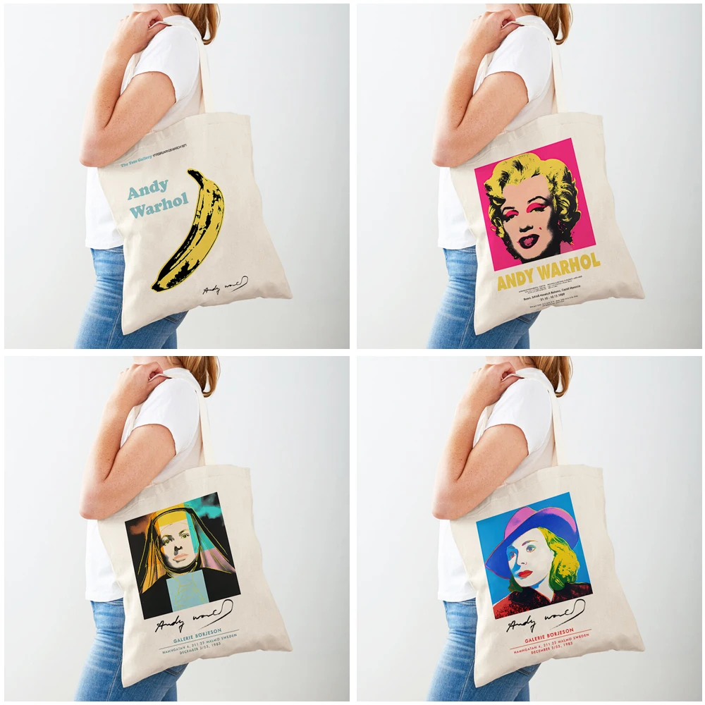 Both Sided Andy Warhol Cow Banana Sunset Flower Pop Women Shopper Bags Tote Handbag Fashion Casual Retro Lady Shopping Bag