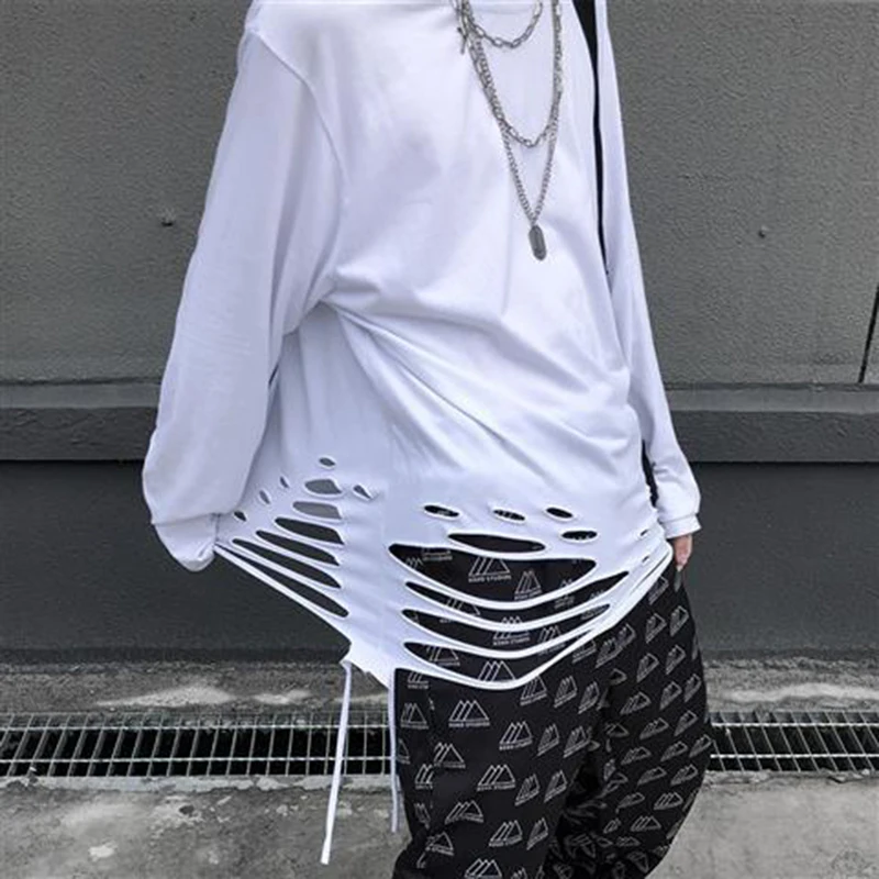 Hip Hop Ripped Hole Women Long Sleeve T Shirts 2022 New Korean Fashion Causal Harajuku Oversized Punk Gothic Clothes Black White