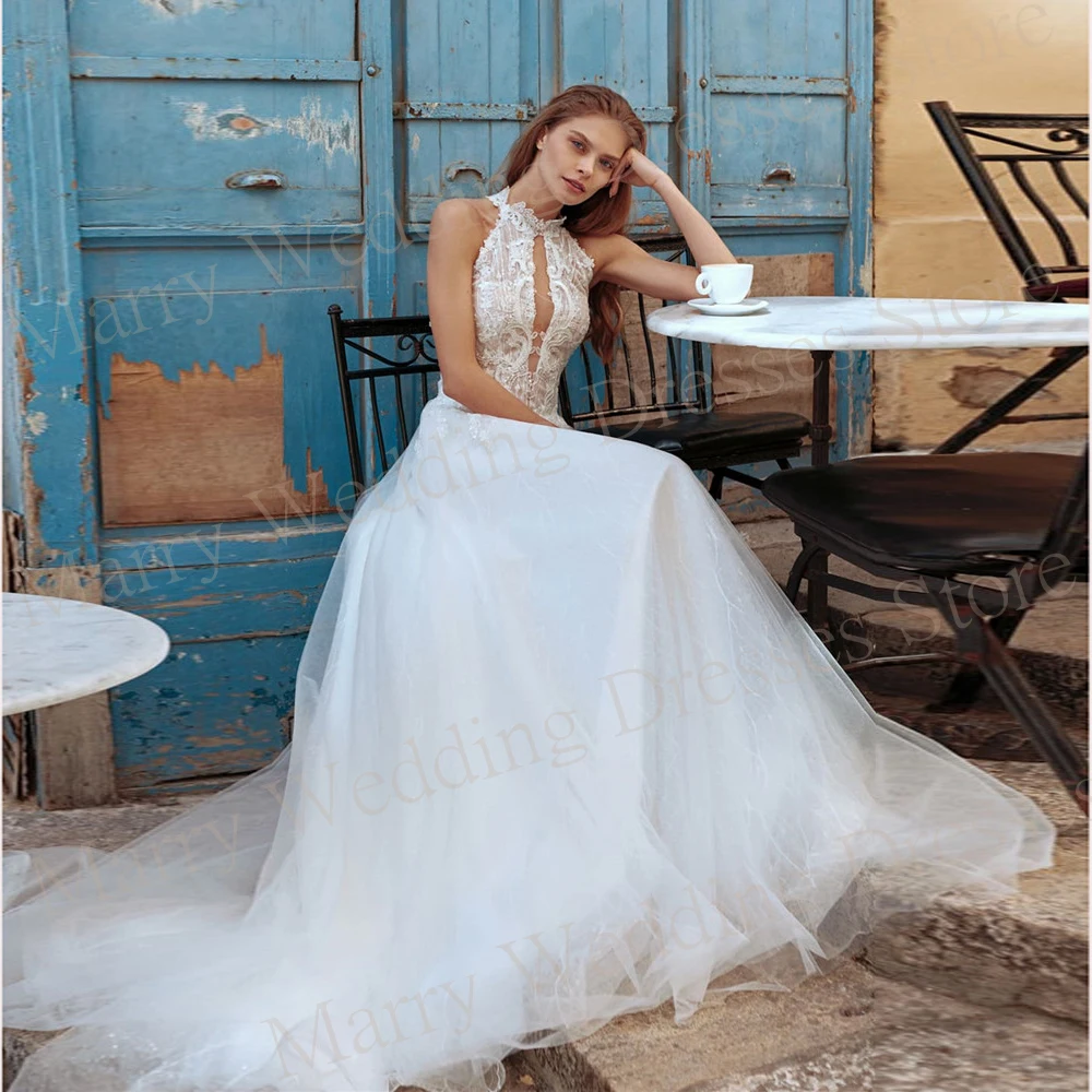 2024 New Modern Women's Wedding Dresses Gorgeous Lace Appliques Halter Neck Bride Gowns Sexy Sleeveless Backless Robe De Mariée