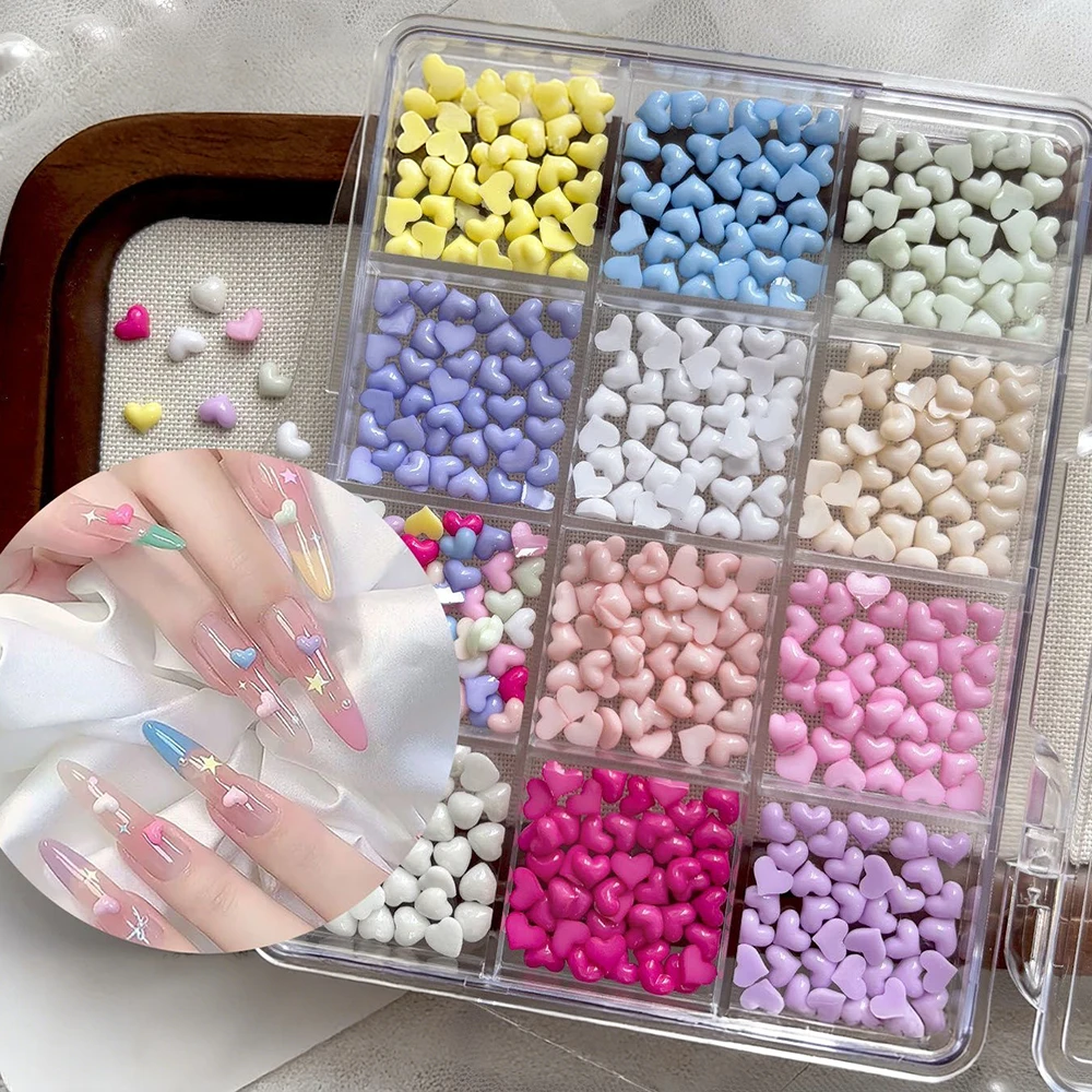 12 Grids Dopamine Color Mini Heart Nail Charms Glossy Transparent Love Hearts Nail Art Decorations Flatback Heart Manicure Parts
