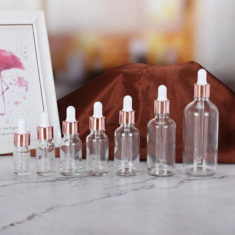 12pcs/lot  Rose Gold Cap Transparent Glass Pipette Bottles for Perfume Essence Essential Oil Reagent Cosmetic Drip Bottle