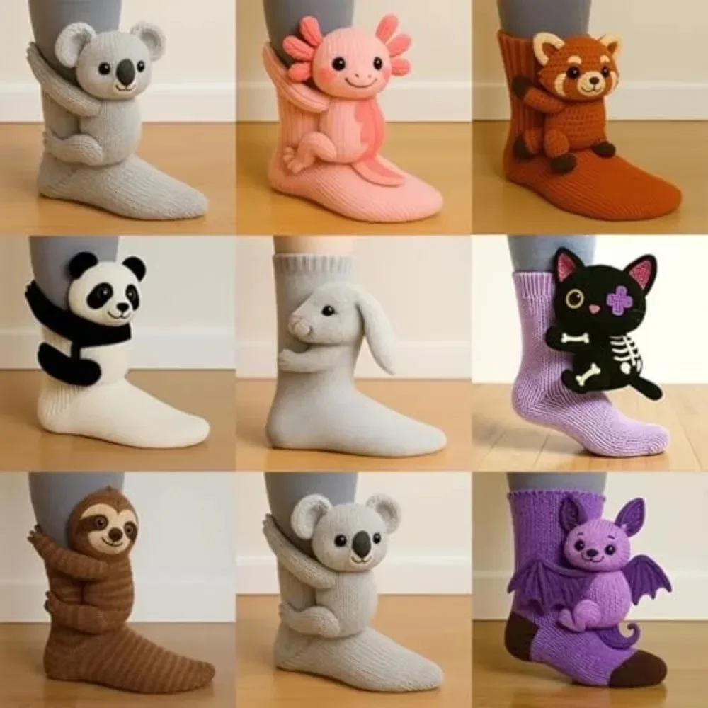 3D Knitted Animal Floor Socks Cute Cubic Sloth Panda Handmade Crocheted Warm Fun Novelty Children's Gift，kawayi fluffy socks