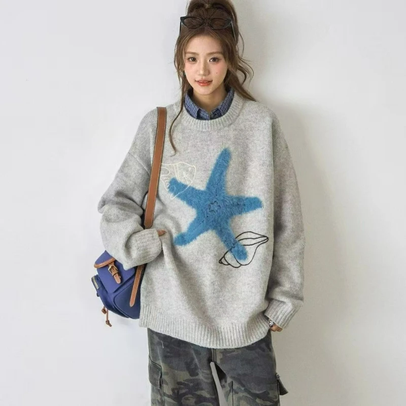 موضة جديدة الطباعة تنوعا متماسكة سترة المرأة 2026 الخريف/الشتاء فضفاضة كسول نمط سترة دافئة متماسكة البلوز قاعدة طبقة #4