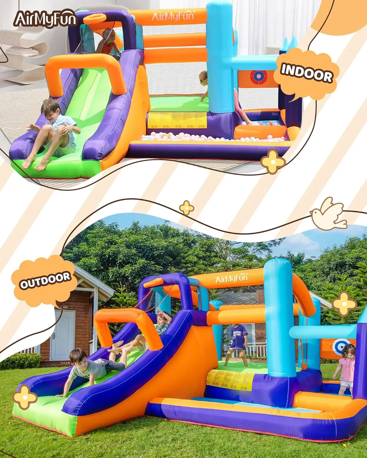 Inflatable Bounce House,Jumping Bouncer with Air Blower,Splash Pool to Play,Kids Slide Park for Outdoor Playing