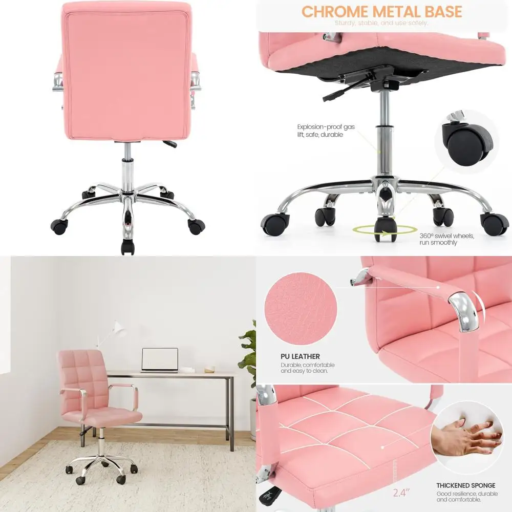 

Elegant High Back Swivel Office Chair with Arms, Adjustable PU Leather Computer Desk Chair on Wheels (Pink)