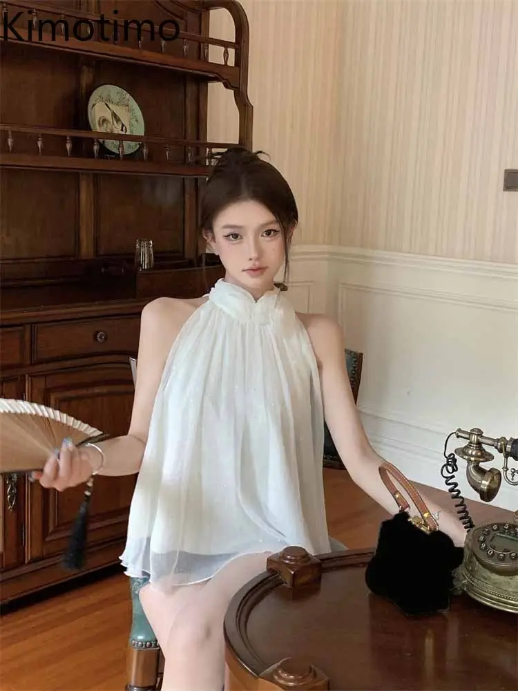 Kimotimo Flower Halter Mesh Sleeveless Blouse Women 2026 Summer Fairy Sequin Loose Chic Short Shirt Casual Fashion Tops Mujer