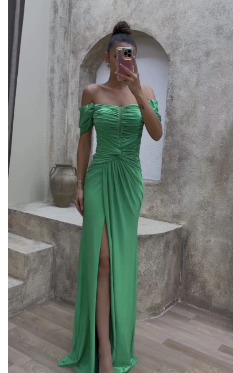 Mikydely  Elegant Off Shoulder Maxi Evening Dress Solid Color High Split Party Dress