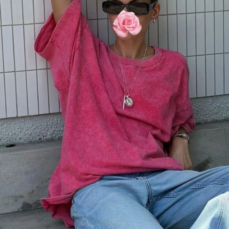 

Новая модная футболка с короткими рукавами в стиле Old Street, европейско-американский летний свободный повседневный женский топ с круглым вырезом и начесом