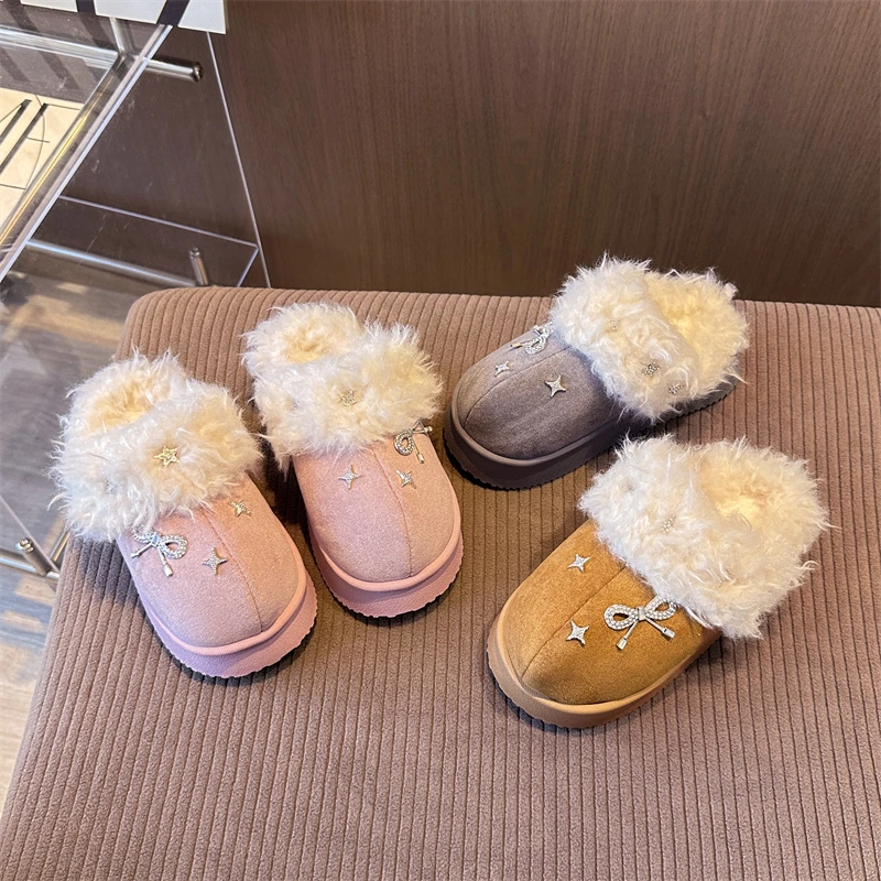 

Роскошные детские зимние тапочки на платформе, модные повседневные плюшевые тапочки с бантом для девочек, пушистые детские хлопковые тапочки со стразами