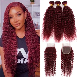 Mèches brésiliennes naturelles Remy avec Lace Closure, cheveux bouclés, couleur bordeaux 99J