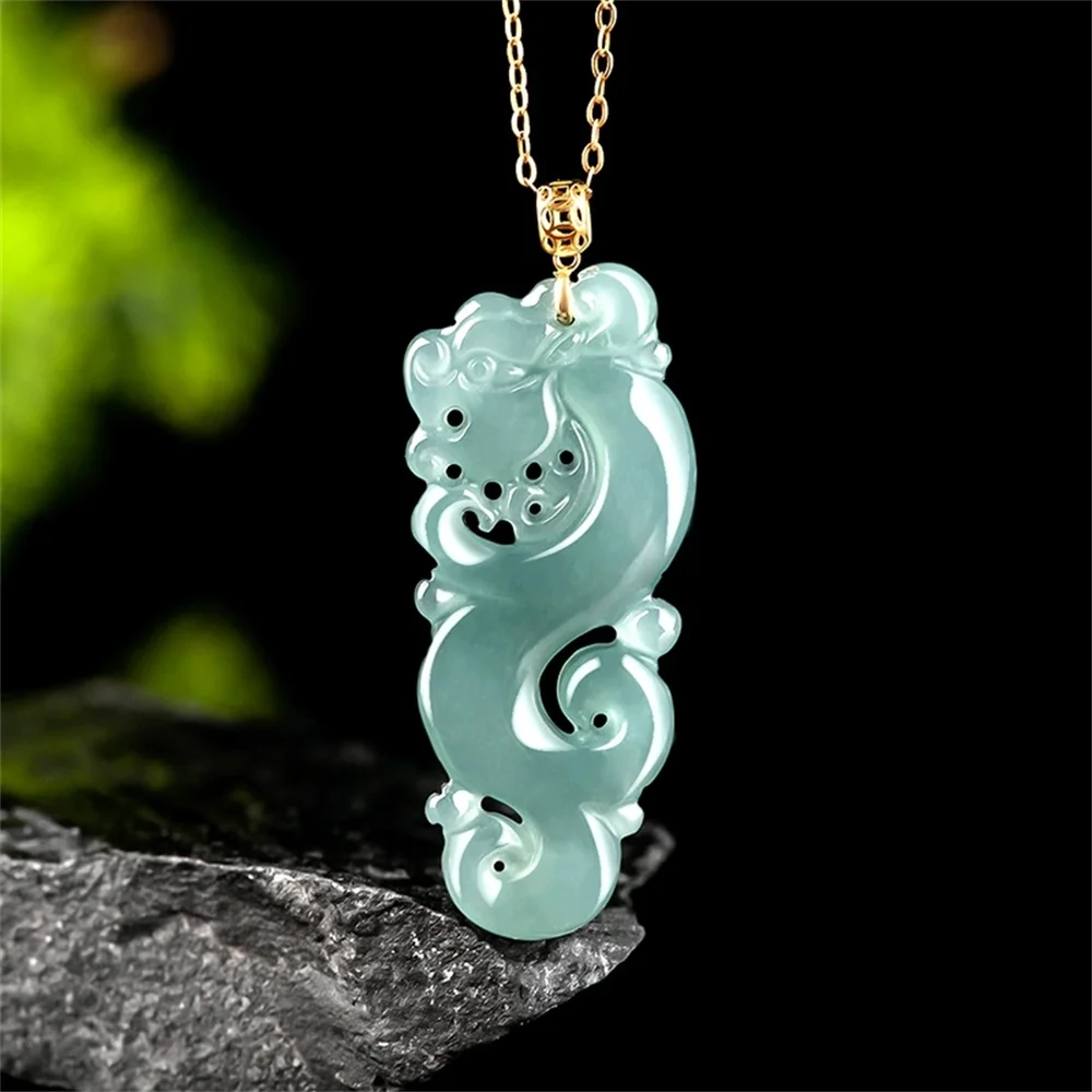 

18K Gold Natural Ice Green Jadeite Carved Stand Dragon Lucky Pendant Amulet Necklace Certificate Trendy Jade Gift Jewelry