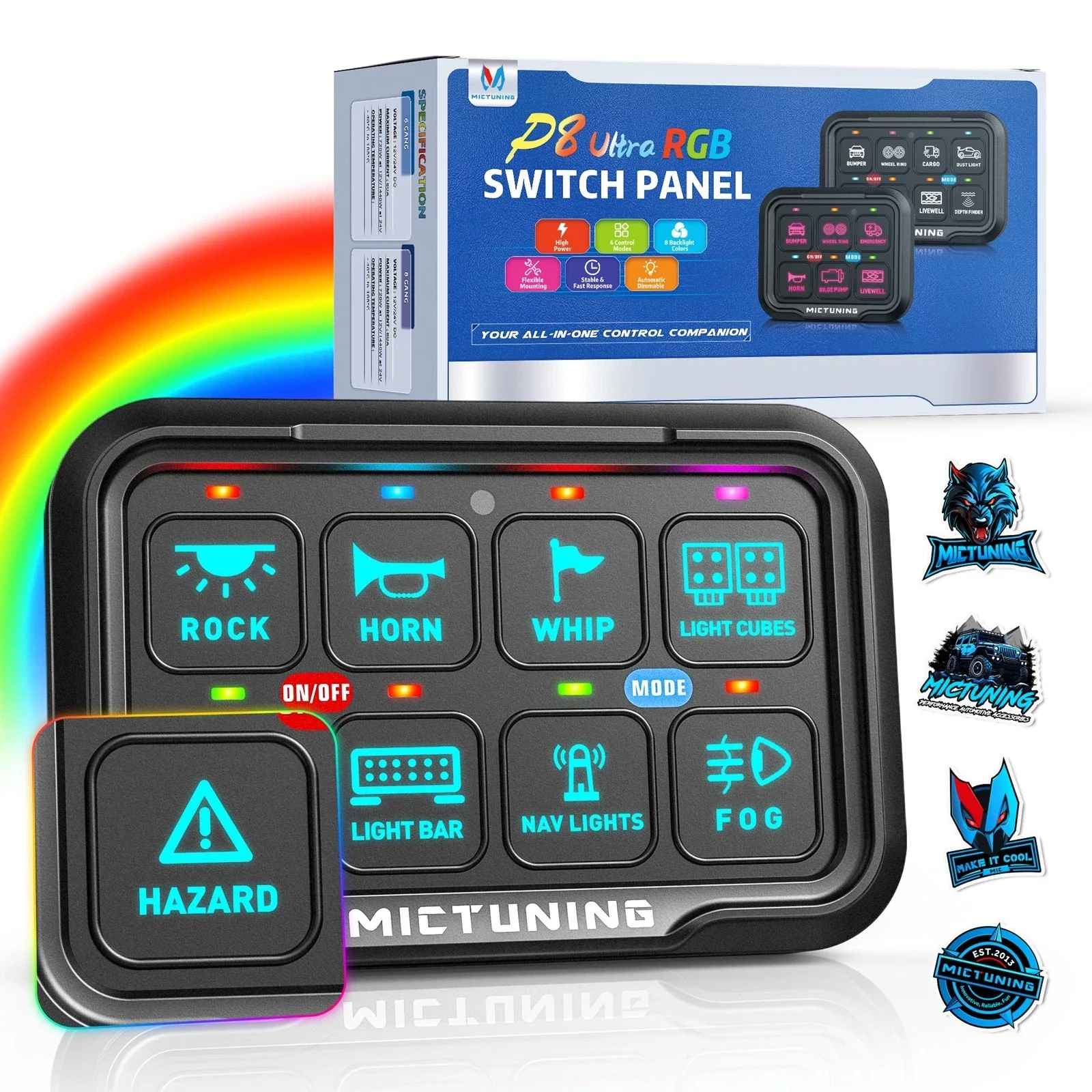MICTUNING P8 RGB 8 Gang Switch Panel, Upgraded IP67 4 Multifunctions Pulsed Strobe Momentary Toggle Switch Control Relay System