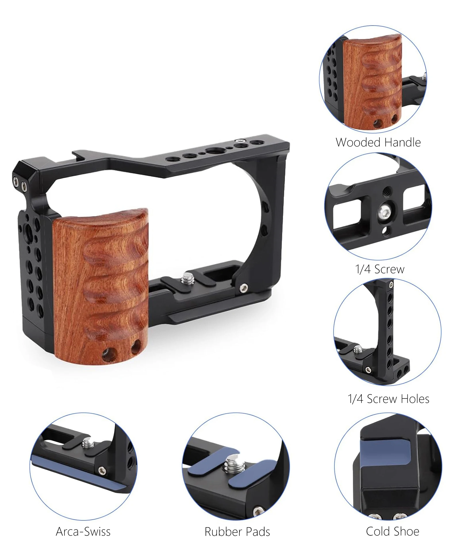ソニーZV-E10ケージカメラ用Probty木製ハンドル付きコールドシュー、ソニーZV-E10デジタル一眼レフカメラ用ラビットケージサポートブラケット