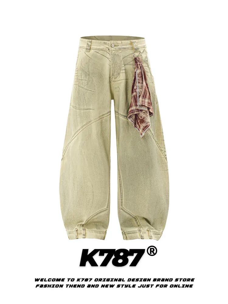 

K787 American Retro High Street Hip Hop Men Women Casual Straight Leg Oversize Knife Jeans Yellow Mud Wa Cotton Denim