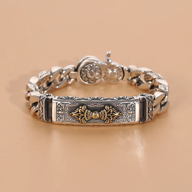 

S925 sterling silver chinese fad style vajra bracelet thai silver men six-character mantra stylish hand jewelry