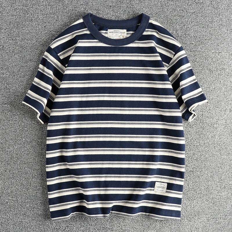 2024 Summer New American Retro 240g Short Sleeve O-neck Striped T-shirt Men's Simple 100% Cotton Washed Heavyweight Casual Tops
