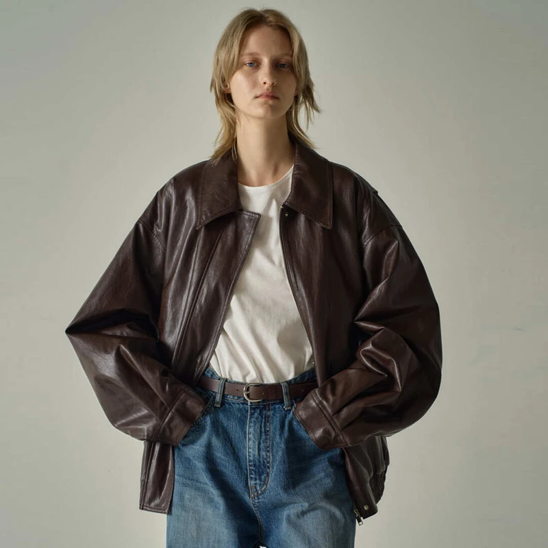 Cappotto da motociclista in pelle PU Jaet da donna allentato Primavera Autunno Nuovo Sle Tagkita Casual Pendolarismo Waer Tessuto in pelle Lunga Zip lunga