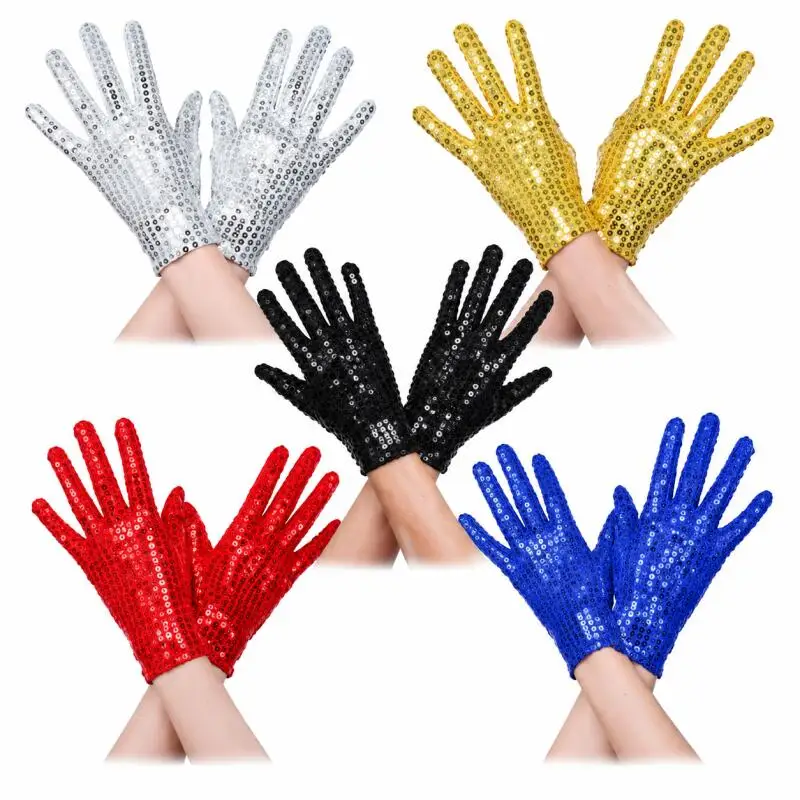 Sequin Gloves Women Men Sparkly Sliver Full Finger Short Gloves 80s Disco Dance Party Halloween Cosplay Costume Accessory