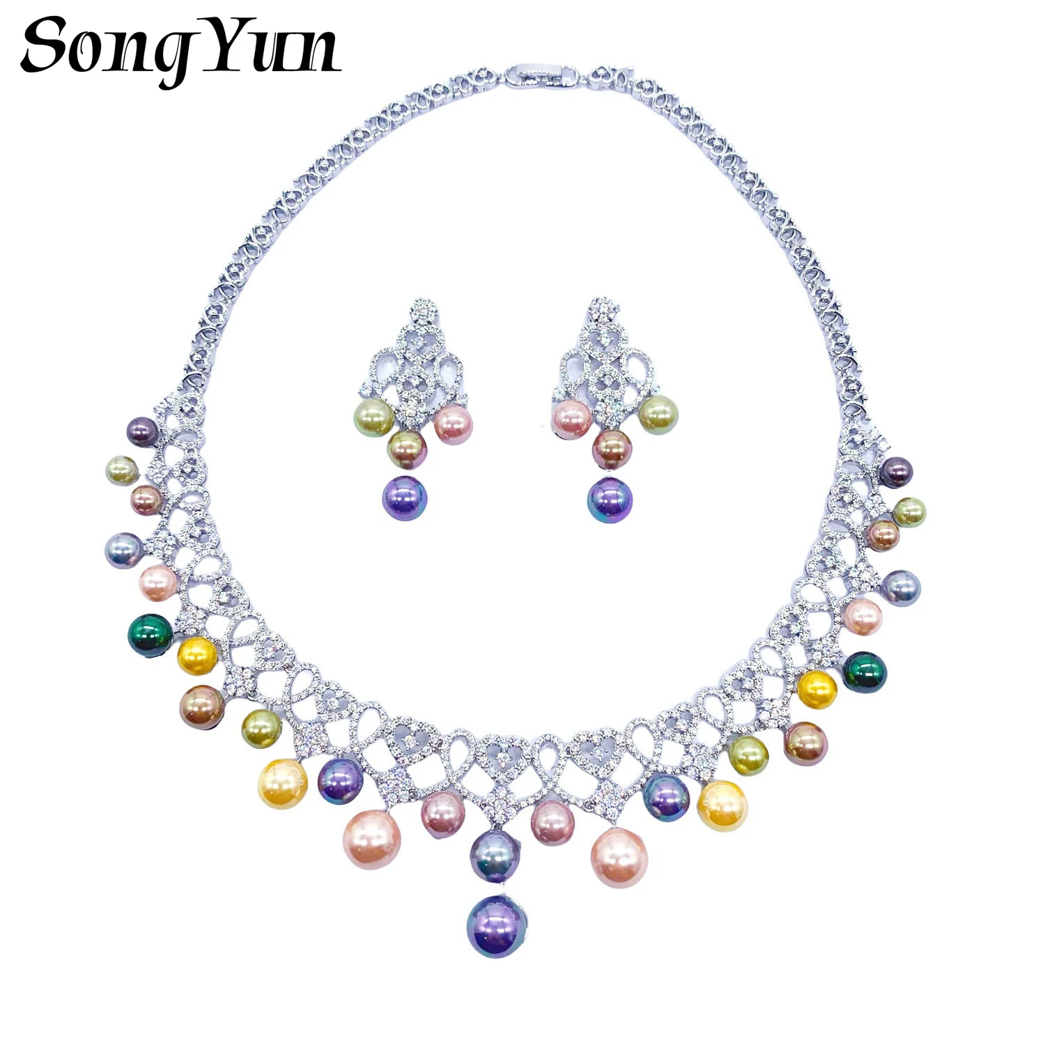 

Retro Palace Banquet Jewelry Set Heart Shaped Zircon Colors Bead Necklace Earrings Jewelry Set for Women's Wedding Party Gift