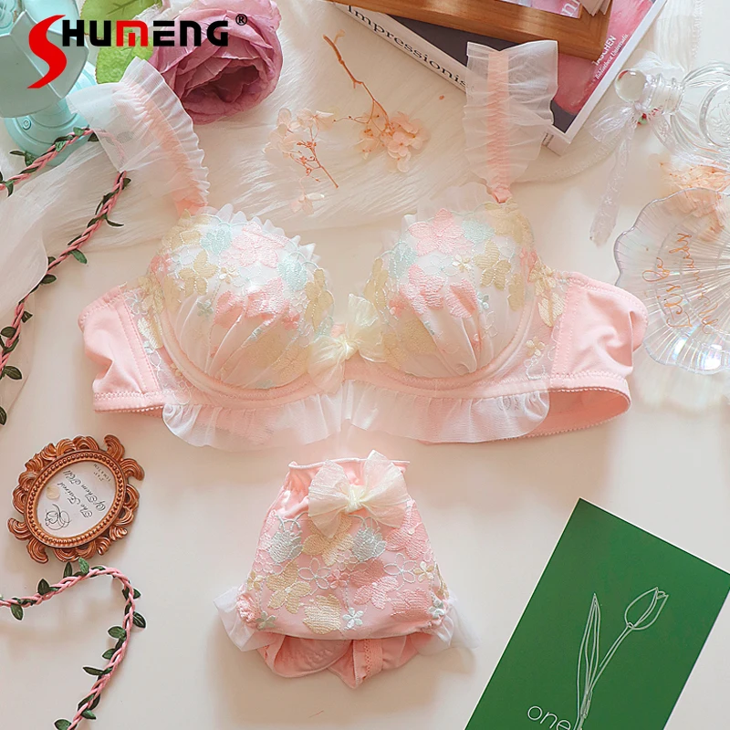 

Beautiful Japanese Style Lace Intimates Female Embroidery Underwear Bra Set with Underwire Women's Sweet Thin Brief Suits