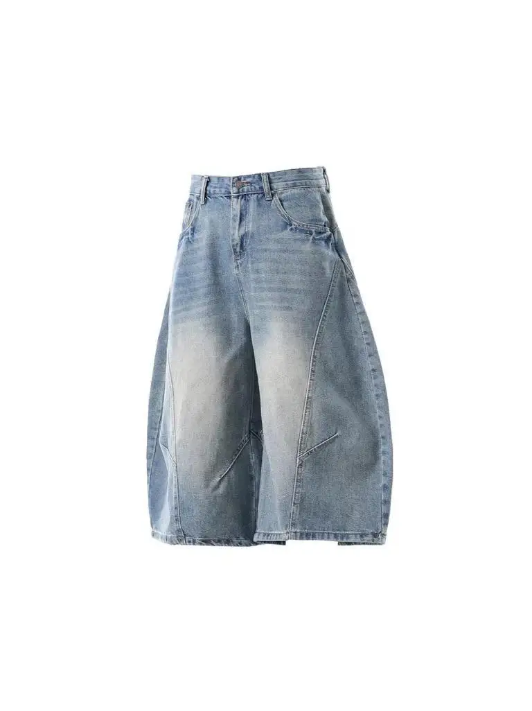 Men Women American High‑Street Vintage Washed Curved Denim Shorts, Loose Wide‑Leg Deconstructed 7‑Point Cropped Jeans