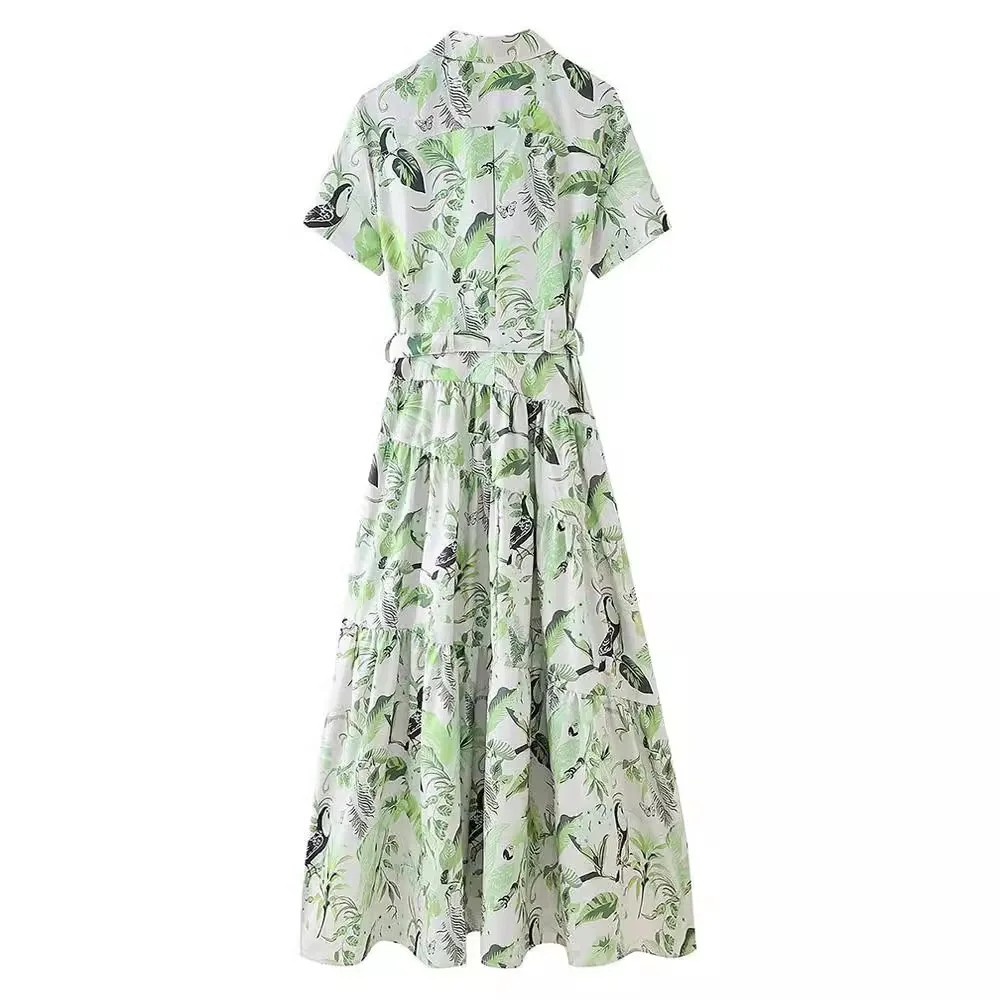 Vestido camisero estampado para mujer, vestido largo plisado, vestidos Midi de manga corta para mujer, ropa de calle con cuello, vestido de mujer