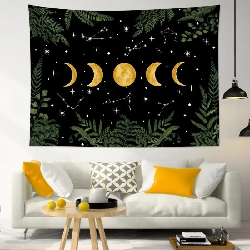 VIKAMA Moon Phase Constellation Fern Leaf Wall Tapestry Black Gold Lunar Cycle Star Zodiac Green Botanical Border Bedroom Living