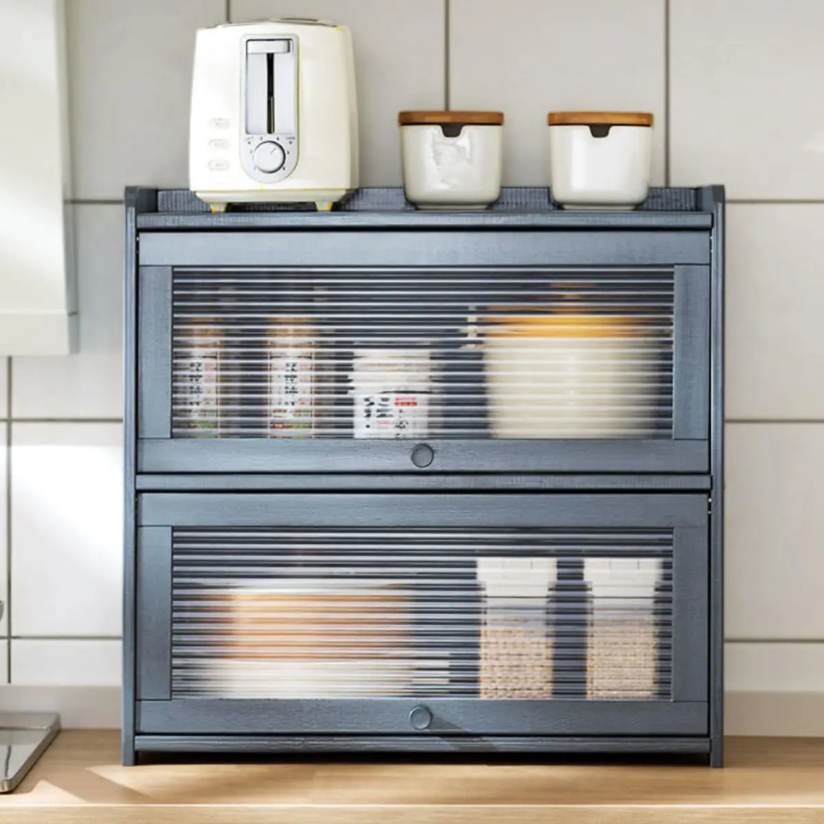 Gdrasuya10 Bamboo Countertop Pantry Cabinet, 2 Tier Kitchen Pantry Storage with Doors, Spice Organization Shelf for Bowls, Cups,