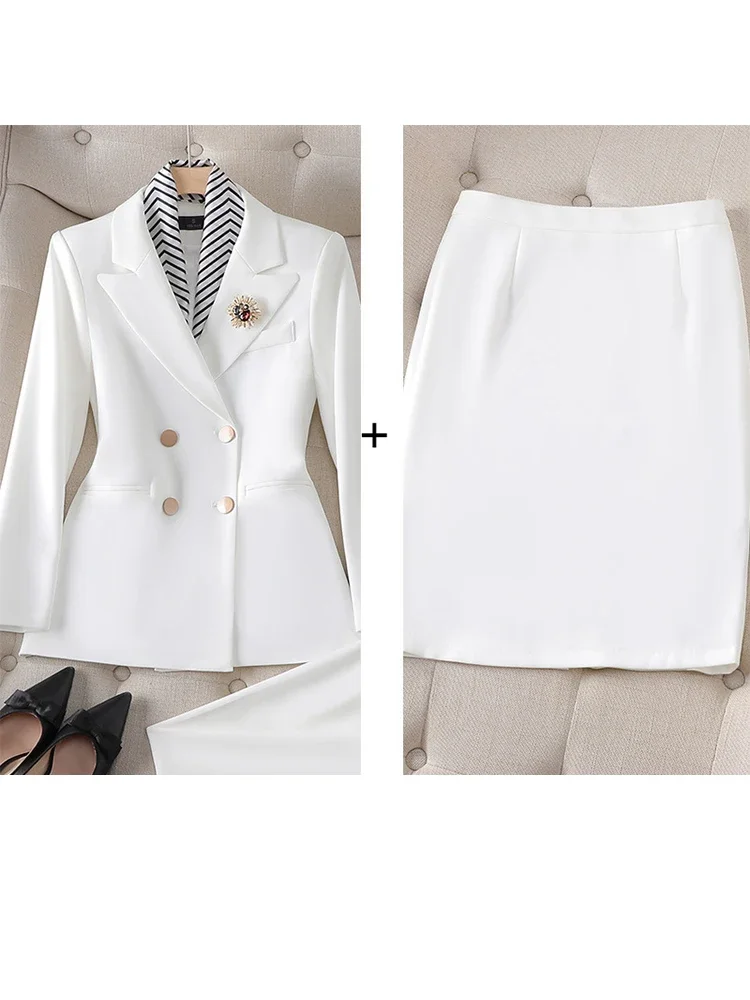 Slanke Office Dames Tweedelige Sets Womens Nieuwe Double Breasted Turn Down Kraag Blazers Elegante Mini Rok Past JJ1082
