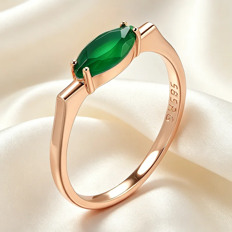 Kienl New Simple 585 Rose Gold Ring for Women Luxury Green Natural Zircon Bride Ring Vintage Wedding Jewelry Fashion 2022