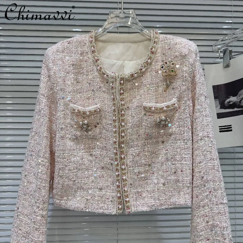 

2026 Spring New Exquisite French-style Pearl-embellished Tweed Cropped Jacket Elegant Long-sleeve Outerwear Coat Women Tops