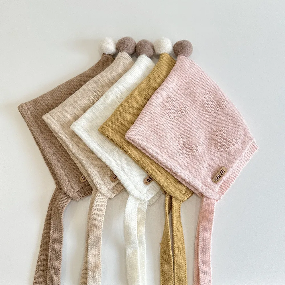 

Cute Furry Ball Baby Ear Flap Hat Winter Warm Toddler Knitted Hat Baby Wool Crochet Hat Korean Style Children's Wool Hat