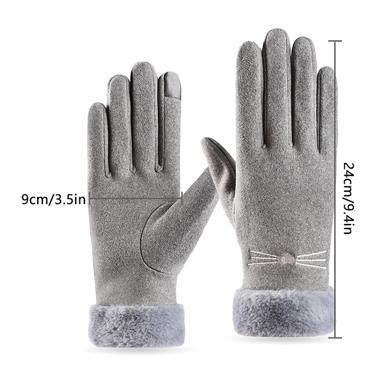 Guantes de gamuza cálidos para invierno, además de guantes con puños de decoración de felpa gruesa de terciopelo, guantes de esquí para montar con pantalla táctil a prueba de frío para exteriores, 1 par