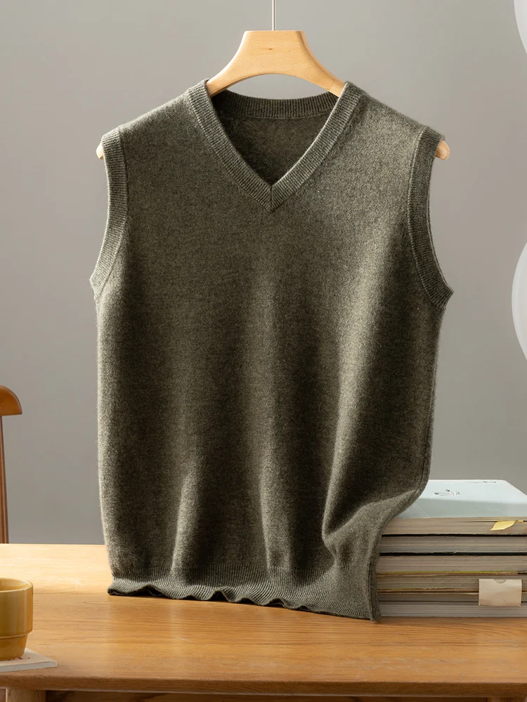 New 100% Cashmere Sweater Men V-neck Waistcoat Basic Pullover Autumn Winter Soft Comfy Bottom Cashmere Knitwear High Quality Top