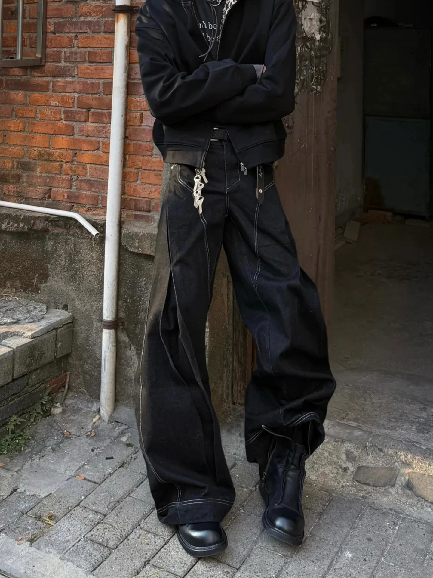 

American Sle Knife Multi Pleat Straight Leg Jeans Men's CleanFit Structure Stitching Detail Original Color Pants
