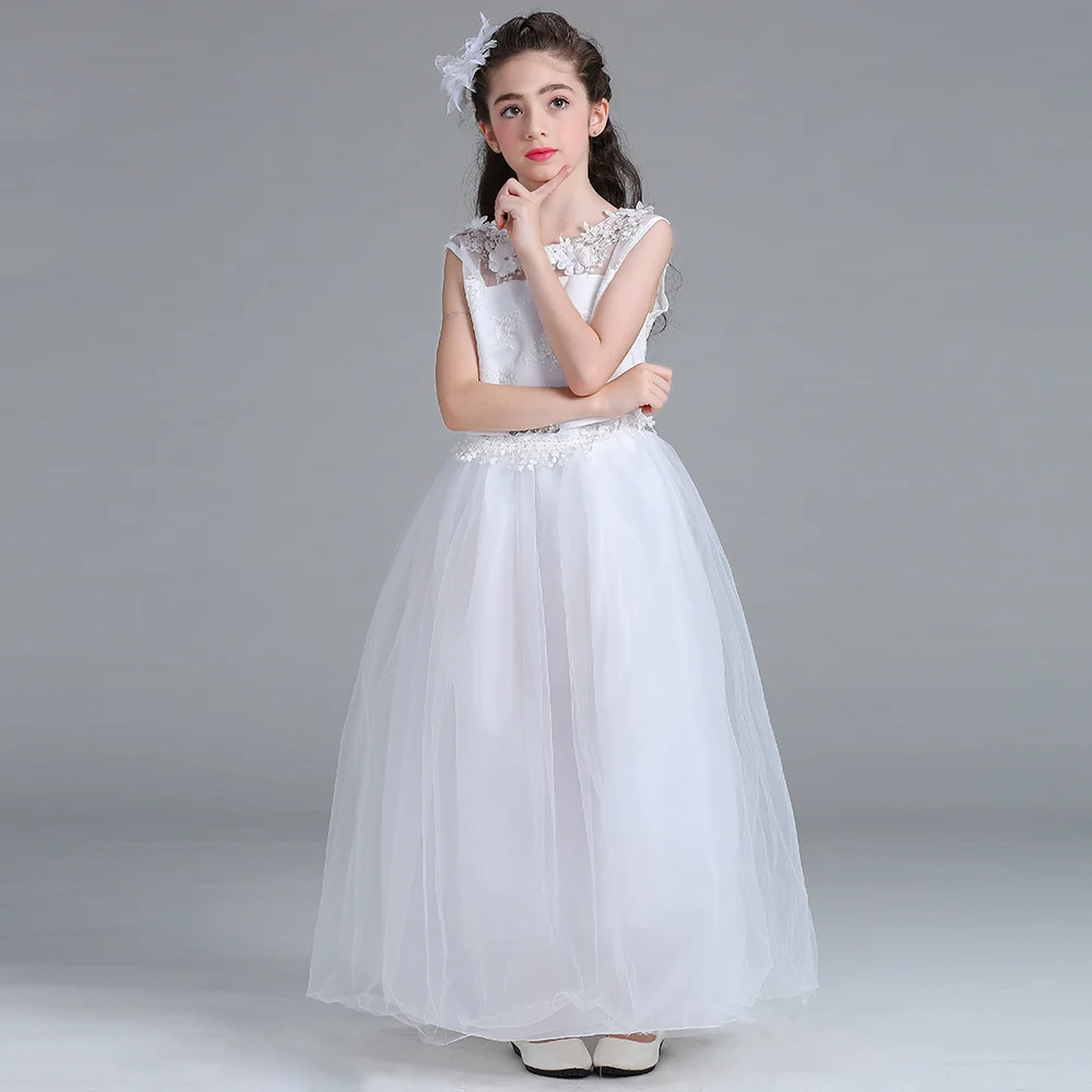 Flower Girl Dresses Sleeveless Round Neck Tulle Appliqué Ankle Length First Communion Birthday Ball Party Formal Wear Events