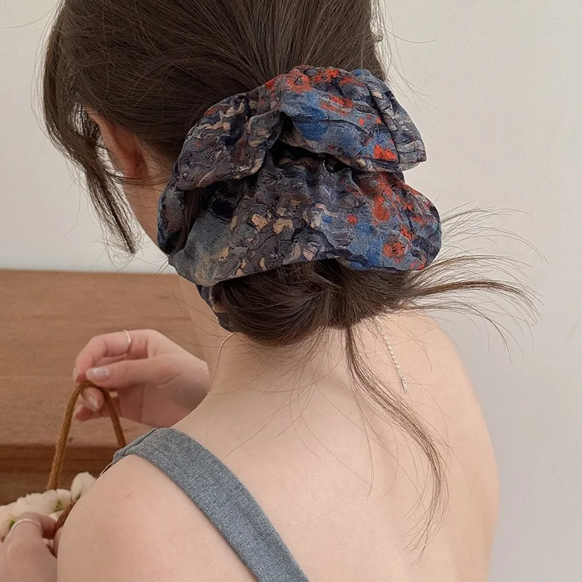 Vintage Chinese Jacquard Square Scarf Scrunchies Chic Retro Pattern Hair Ties Soft Ponytail Holders For Women Daily Party Wear