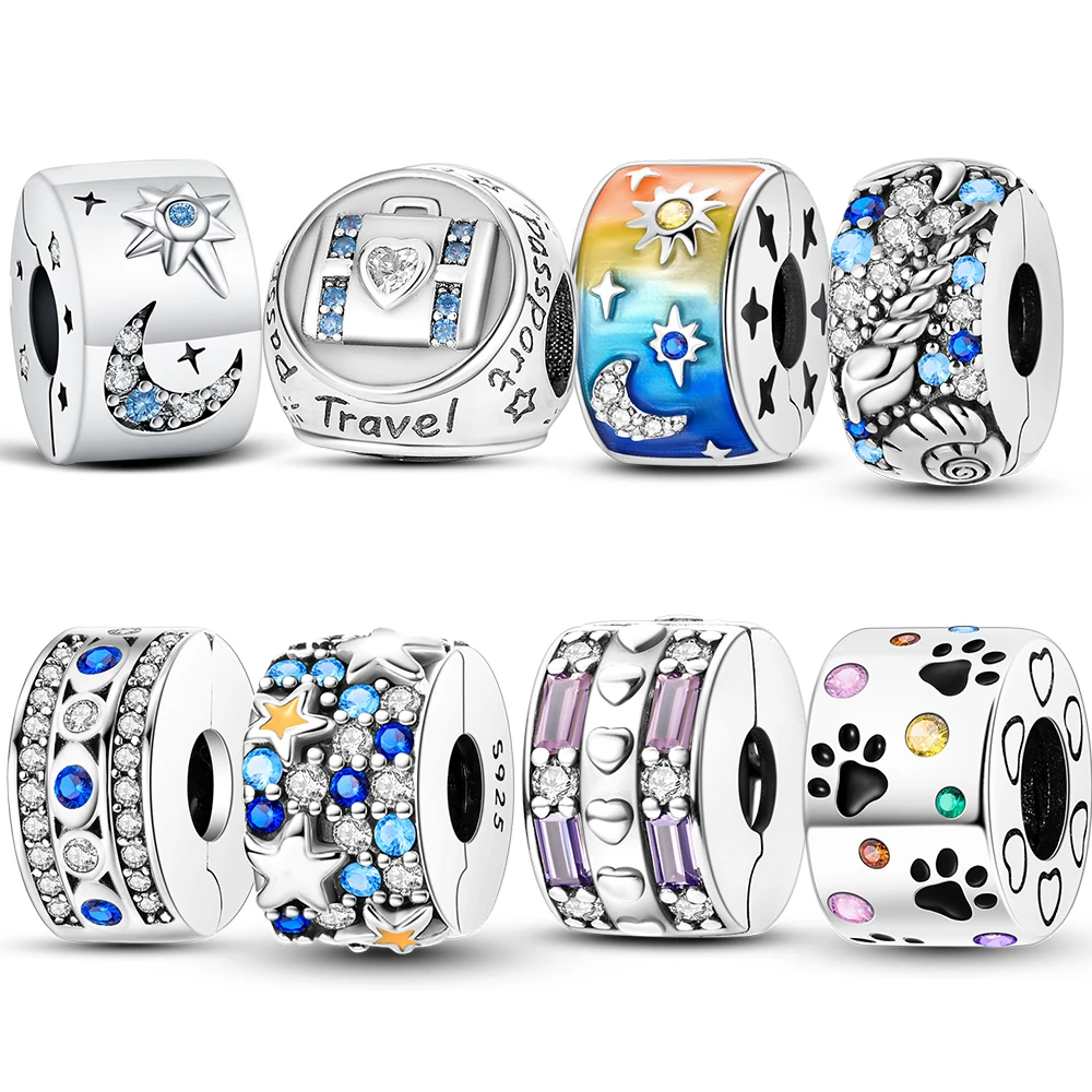 

925 Sterling Silver Barrel Charm Beads Travel Star Moon Paw Print Beads Fit European Bracelets Fashion Jewelry Gift For Women