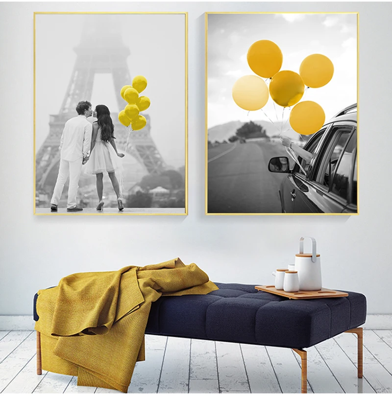 Black And White Landscape Nordic Canvas Painting Set Art Yellow Scenery Wall Picture For Living Room Decoration Poster And Print