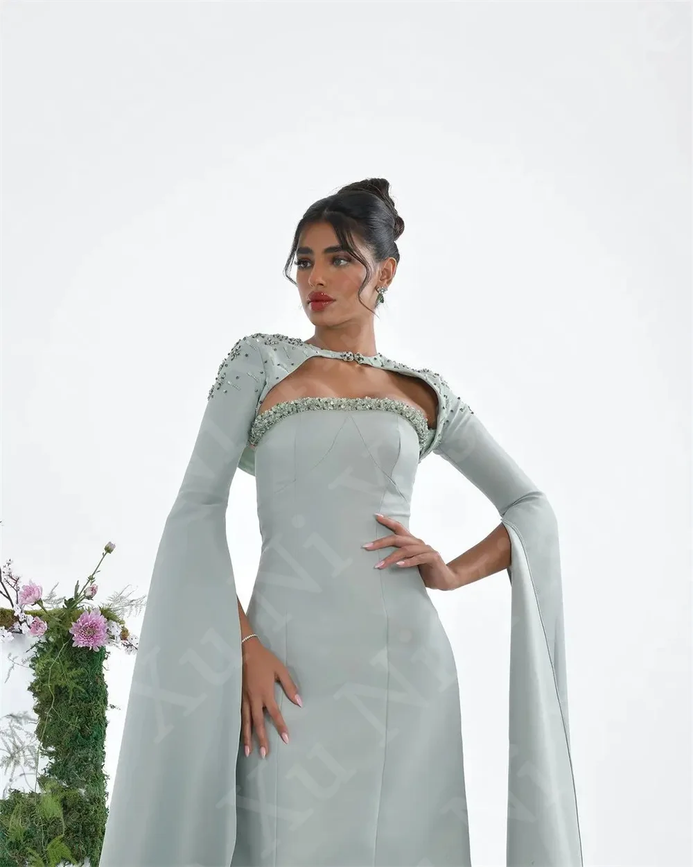 2024 New Long Sleeves Formal Evening Dress O-Neck Satin Mermaid Long Graduation Dress Beads Wedding Party Dress Reception Gown