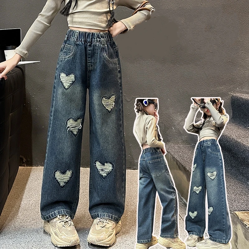 

Girls Teenage Jeans Heart Patchwork Hole Straight Leg Loose Wide Leg Denim Pants Spring Autumn Children's Casual Long Trousers