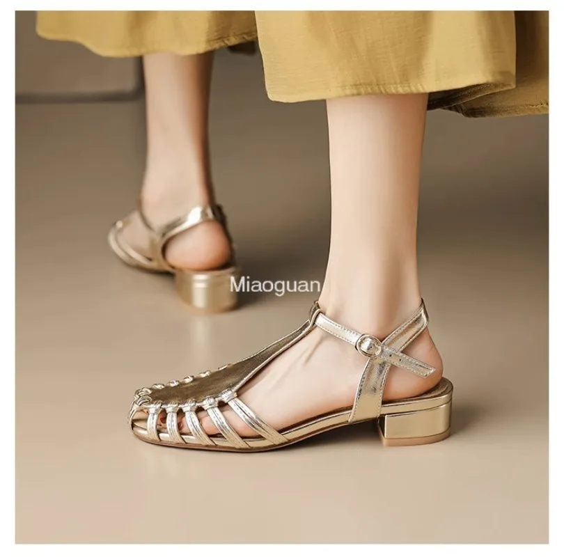 Sexy Women Sandals Golden Silver Ankle Strap Summer Dress Sandals Party Flat Low Heels Party Dress Slides Fashion Sandals 35-39