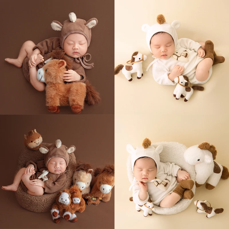 

2026 Poney Plush Doll Newborn Photography Props Cute Baby Romper Jumpsuit Background Dec Accessories Infants Photoshoot Costumes
