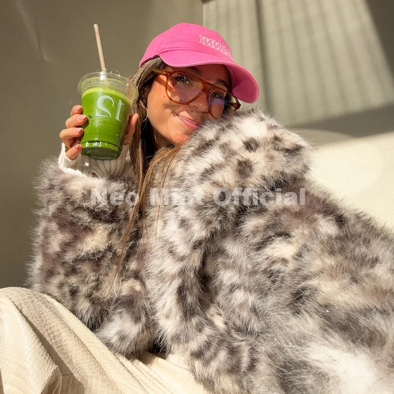 Neo Mint Vintage Classic Leopard Big Fur Collar Jacket Women Winter Brand Fashion Furry Faux Fox Fur Coats Chic Girls Streetwear