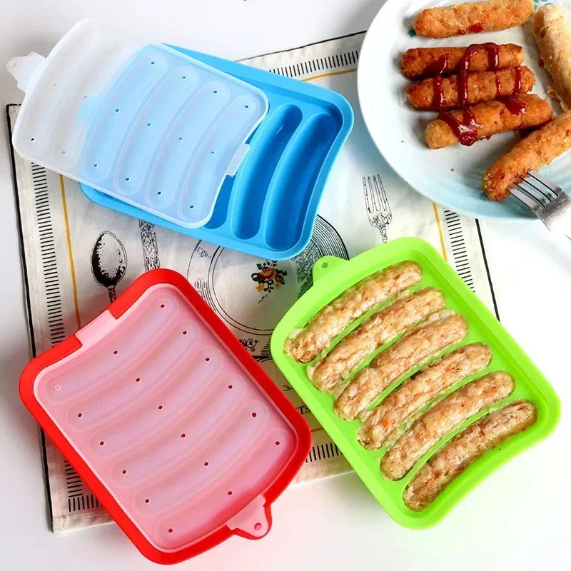 Hamburger Hot Dog Making Tray with Lid Food Grade Silicone Sausage Mold Handmade Children Food Machine Kitchen Cooking Gadgets