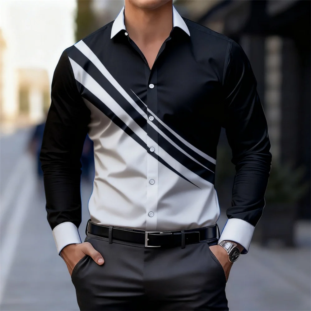 Fashion Men's Color-Blocked Striped Long-Sleeved Shirt Clothing Turn-Down Collar Button up Shirt Outdoor Casual Shirt for Men
