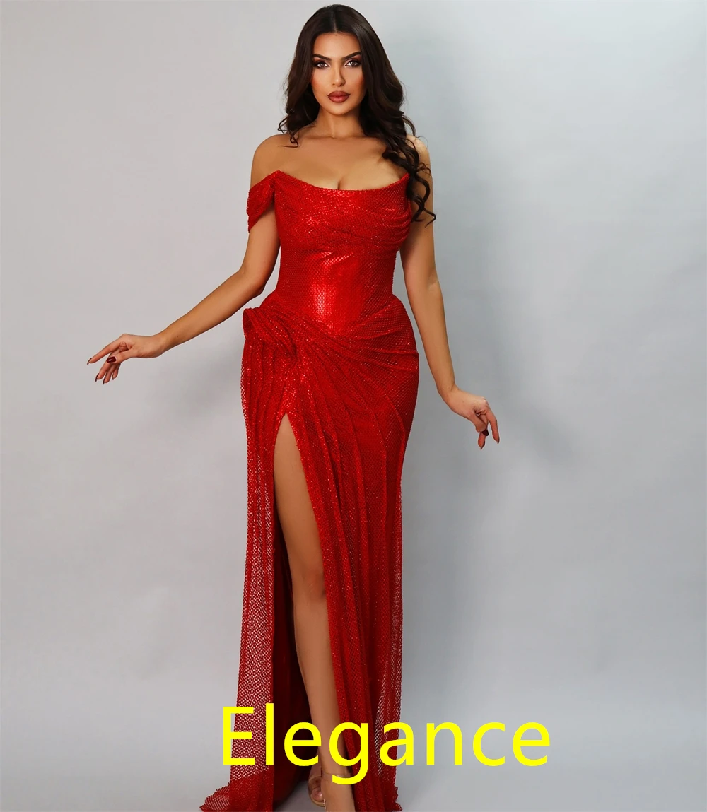 

Customized Formal Red Tulle Evening Dresses Modern Off the Shoulder Prom Dress Luxury Sweep Train Special Occasion Gowns