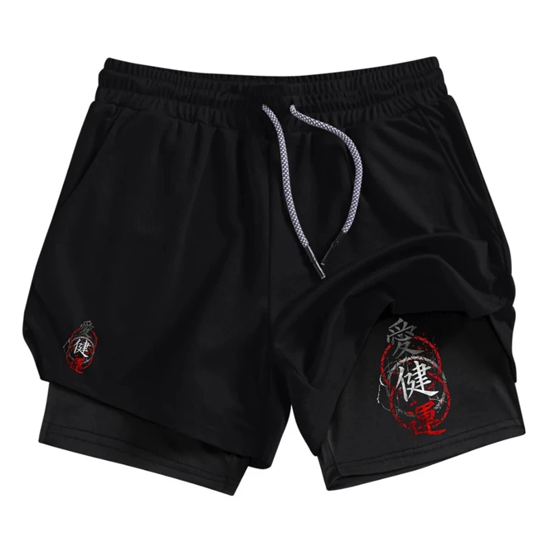 Character Love Print กางเกงขาสั้น 2 ใน 1 สําหรับผู้ชายกางเกงขาสั้นประสิทธิภาพยิมพร้อมกระเป๋าโทรศัพท์ออกกําลังกายวิ่งกางเกงขาสั้นแบบแห้งเร็ว