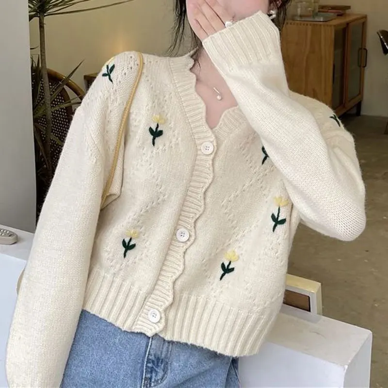 Casual Floral Embroidery Cardigan Stylish Female Clothing V-Neck Loose Korean Spring Autumn Vintage Long Sleeve Knitted Sweaters